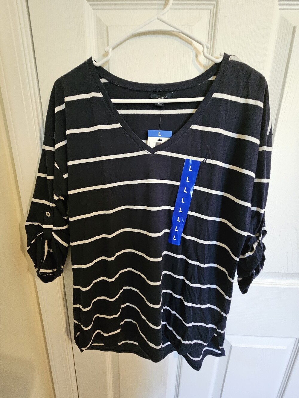 Nautica Navy Blue & White Striped V-Neck Women's Top  Size Large